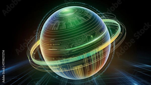 Fototapeta Futuristic global technology sphere with glowing circuit patterns, perfect for innovation concepts, digital transformation, and advanced network solutions visuals