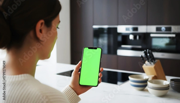 Fototapeta Hand holding smartphone with vibrant green screen in modern kitchen environment, surrounded by cooking utensils and appliances, perfect for digital mockups, tech previews, and UI design