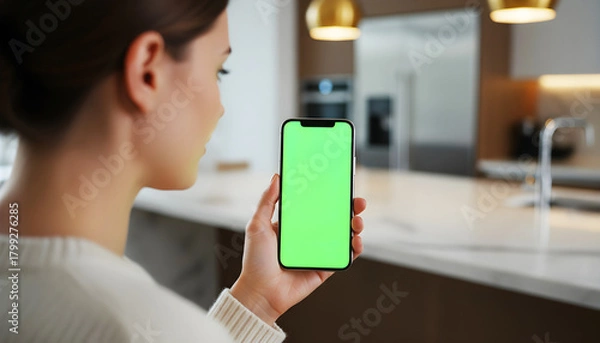 Fototapeta Hand holding smartphone with vivid green screen in a modern kitchen setting, featuring cooking utensils, appliances, and a clean countertop ideal for app mockups, digital previews, and tech
