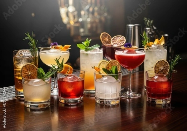Fototapeta Colorful Cocktails in Glasses on Bar Counter