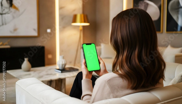 Fototapeta Hand holding smartphone with bright green screen in a stylish contemporary home interior, capturing modern lifestyle, elegant furniture, warm ambient lighting, and perfect setup for digital mockup use