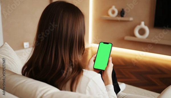 Fototapeta Hand holding smartphone with blank green screen in a modern cozy living room, featuring stylish furniture, elegant decor, soft warm lighting, and relaxed atmosphere, perfect for technology, app, or UI