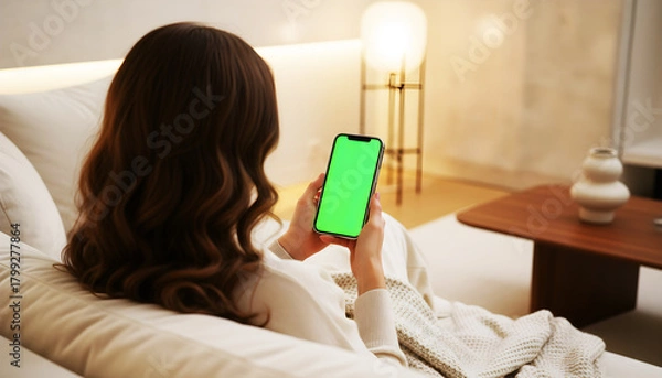 Fototapeta Hand holding smartphone with vibrant green screen in a contemporary cozy living room, featuring elegant interior design, soft lighting, modern furniture, and a relaxed setting perfect for digital mock