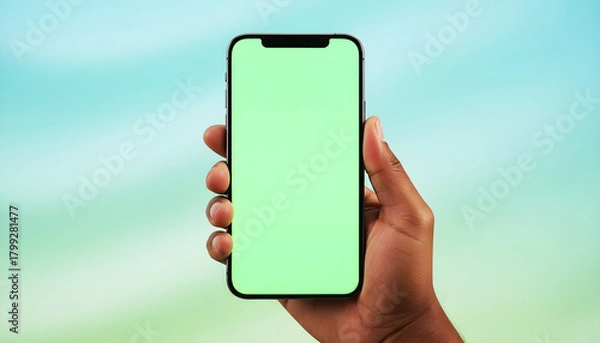 Fototapeta Hand holding with bright green screen on soft blurred background. Ideal for mobile app mockups, digital marketing visuals, UI/UX presentation, and chroma key editing.