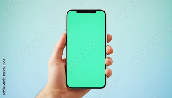 Fototapeta Hand holding smartphone with vivid green screen on simple soft background. Ideal for app showcase, digital content, UI mockups, and chroma key design projects.