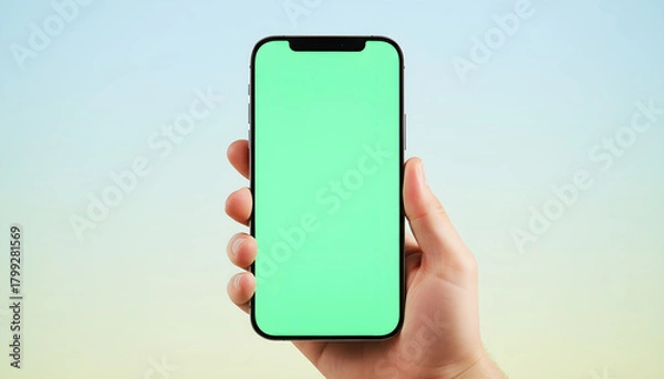 Fototapeta Hand holding smartphone with clear green screen on smooth soft background. Perfect for app mockups, digital marketing, UI/UX design, and chroma key projects.
