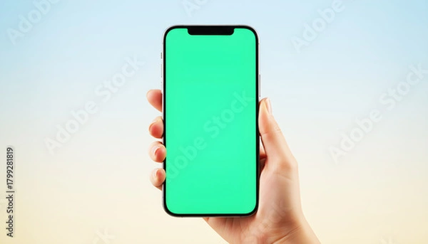 Fototapeta Hand holding smartphone with vibrant green screen on soft gradient background. High-quality mobile mockup ideal for app design, digital advertising, UI presentation, and chroma key editing.