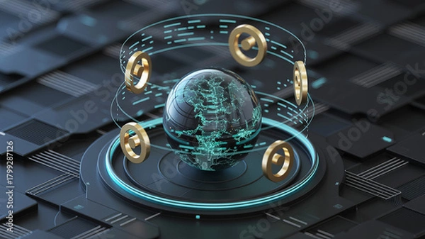 Fototapeta Global technology sphere with golden accents shining in a digital space, modern data visualization for global connections and innovative technological solutions