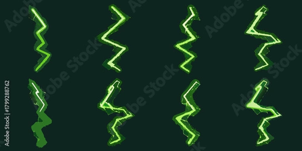 Fototapeta Collection of eight stylized green lightning bolt illustrations on a dark background