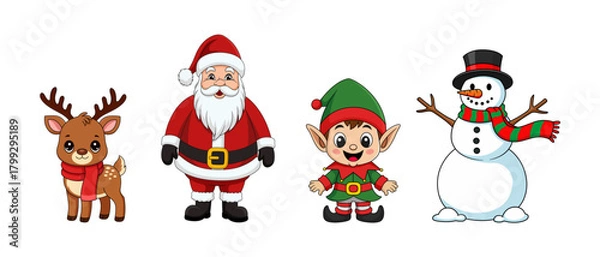 Obraz Set of Christmas vector elements Santa Claus, elf, reindeer and snowman. Holidays clipart for Christmas card, sticker and print.