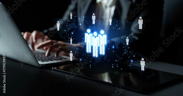 Obraz Global human network and workforce distribution highlight human, network, and global presence through digital connection and team coordination Latch