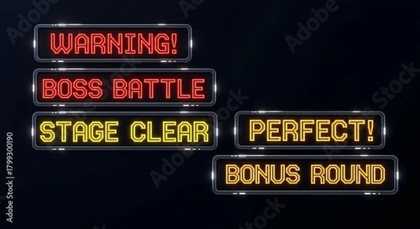 Fototapeta Retro Video Game Notification Screens Warning Boss Battle Stage Clear Perfect Bonus Round Text Alerts