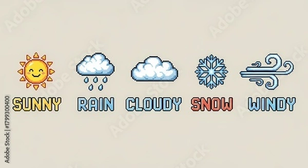 Fototapeta Pixel Art Weather Icons Sun Rain Clouds Snow Wind Forecast Symbols