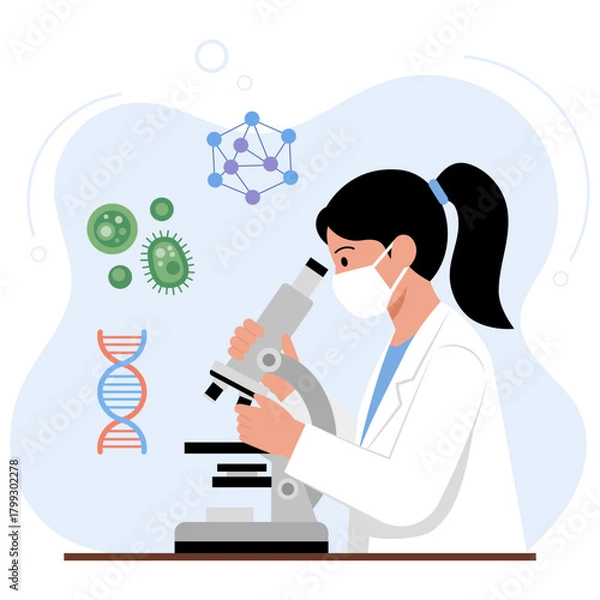 Obraz Female scientist researching microbiology and genetics with a microscope