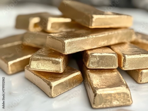 Fototapeta front-facing image of gold bars with clean edges stacked high, behind them a milky soft white studio backdrop 