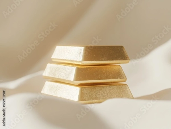 Fototapeta front-facing image of gold bars with clean edges stacked high, behind them a milky soft white studio backdrop 