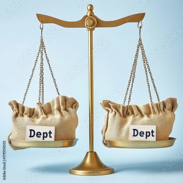 Fototapeta a collection of "Dept"-labeled sacks weighing down one side of a balancing scale, isolated on a light blue background 