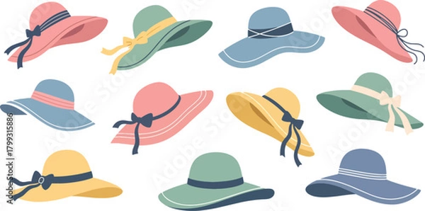 Fototapeta Colorful Wide Brim Sun Hats Flat Design Set for Summer Fashion