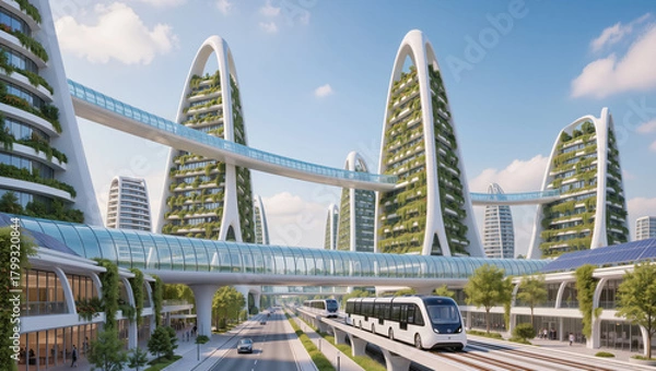 Fototapeta Modern cityscape featuring sustainable architecture and advanced public transportation systems with greenery integrated into buildings Generative AI
