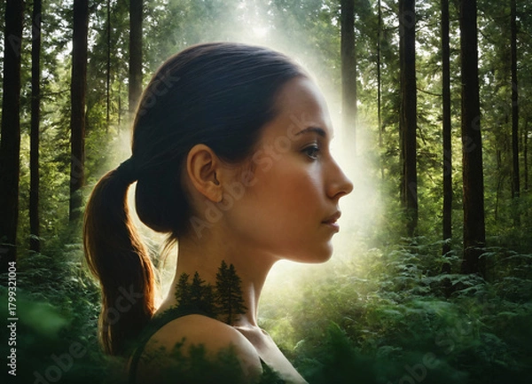 Fototapeta Portrait of a woman in profile with a forest landscape blending into her silhouette in a serene woodland setting Generative AI