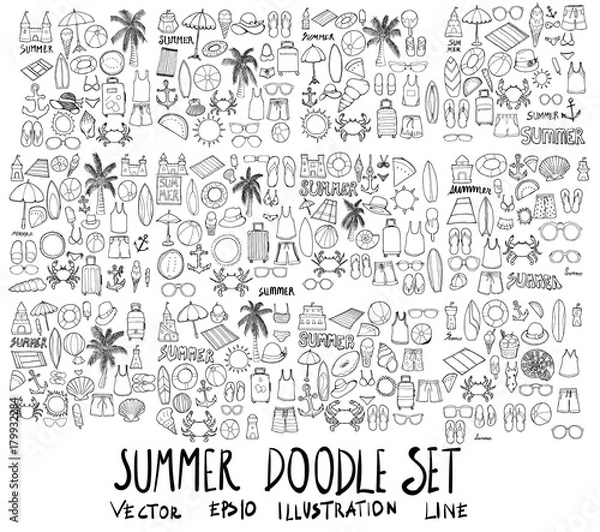 Fototapeta Set of Summer illustration Hand drawn doodle Sketch line vector eps10