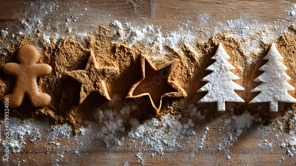 Obraz Christmas Gingerbread Cookies with Flour on a Rustic Wooden Table 