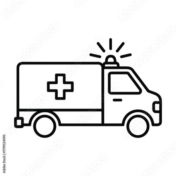 Fototapeta Simple line art icon of an ambulance emergency medical vehicle with a red cross symbol and flashing lights