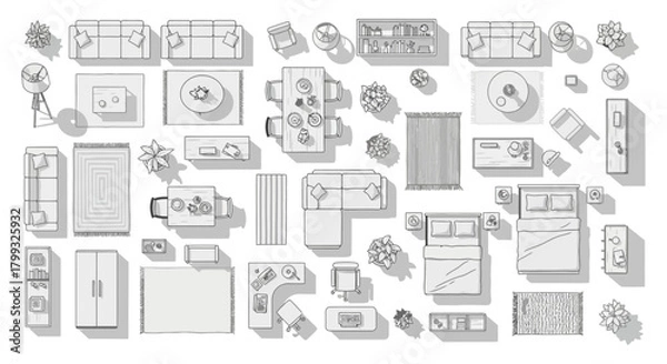 Fototapeta furniture plan view arrangement of sofas beds tables and plants showcasing interior design concepts and providing a floorplan template for modern households
