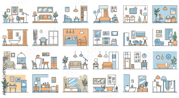 Fototapeta interior design layouts illustrating different rooms in line art style perfect for showcasing home decor ideas and creating space planning design concepts