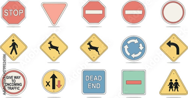 Fototapeta Collection of Traffic and Road Signs in Bright Colors and Clear Design