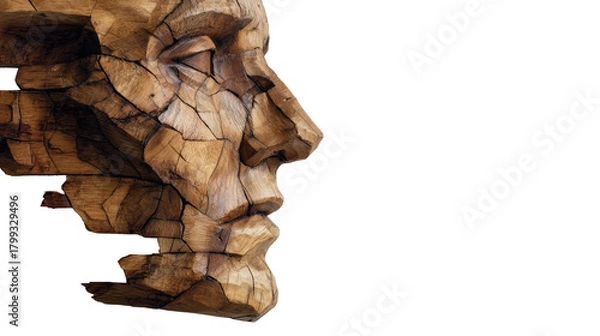 Fototapeta Wooden face sculpture in profile view showcasing detailed craftsmanship, artistic expression and natural wood texture isolated on white background
