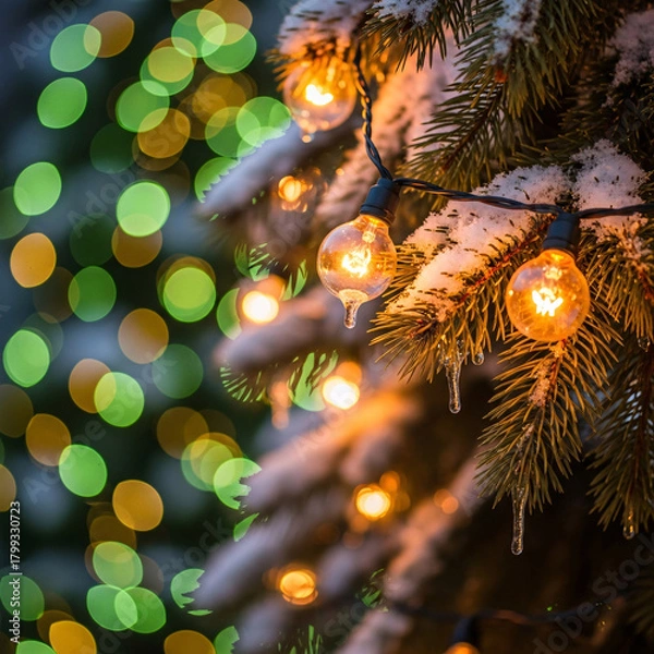 Obraz Christmas tree with illuminated string lights and snow covered branches