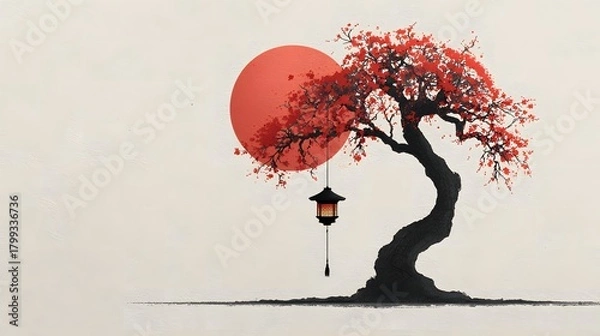 Fototapeta Japanese cherry blossom tree with red leaves and hanging lantern art