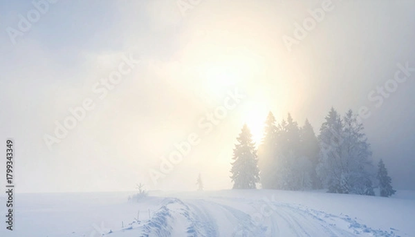 Obraz Snowy landscape with trees shrouded in mist and a bright, ethereal light.