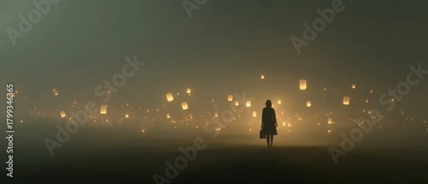 Obraz Dreamlike Silhouette Against Glowing Lanterns in Misty Atmosphere