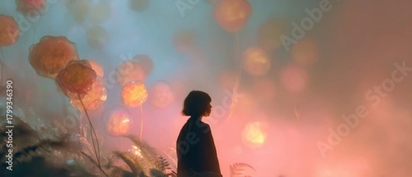 Obraz Dreamlike Silhouette in Whimsical Glowing Misty Landscape