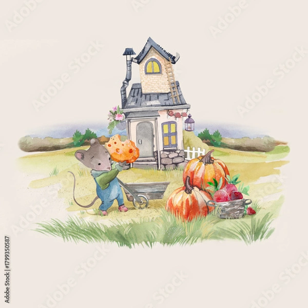 Obraz fairy tale house with mouse, autumn season