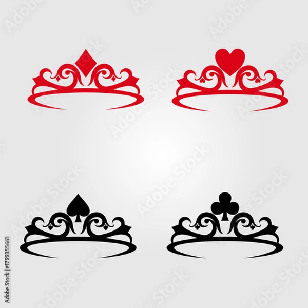 Obraz A red and black Queen's Crown with Playing Card Symbols symbolizes royal power and luxury.