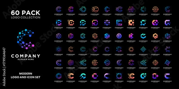 Obraz Mega logo collection with initial letter C logo design. Modern minimal logo icon vector isolated on black background.