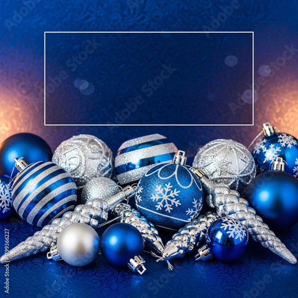 Obraz Festive blue and silver christmas ornaments on a shimmering blue background