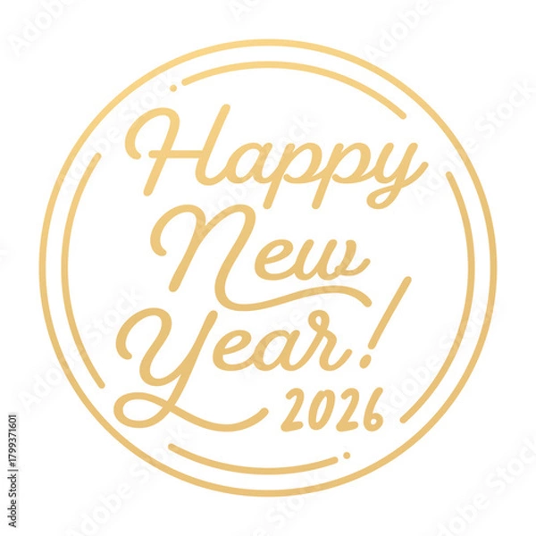 Obraz 丸にHappy New Year 2026の金色の文字 - 2026年の英語の賀詞のロゴ風の装飾素材