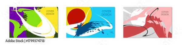 Fototapeta Paint strokes and geometric elements. Set of 3 multi-colored backgrounds. 