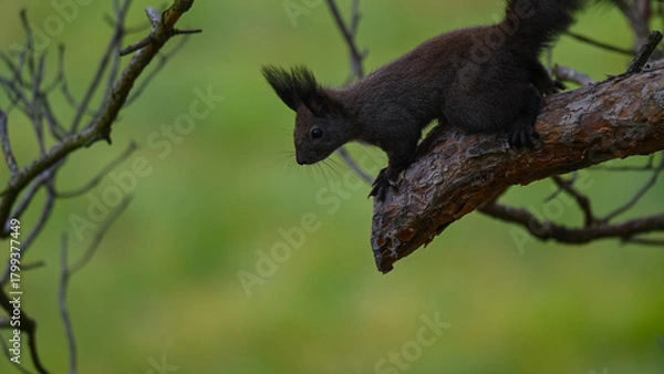 Fototapeta Dark Morph Squirrel Peering Down from Pine Branch