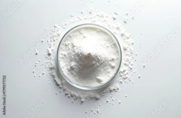 Fototapeta Glass petri dish holds white fine powder on clean bright background. Chemical substance spills around container. Image represents laboratory material for science, research, health, industry use.