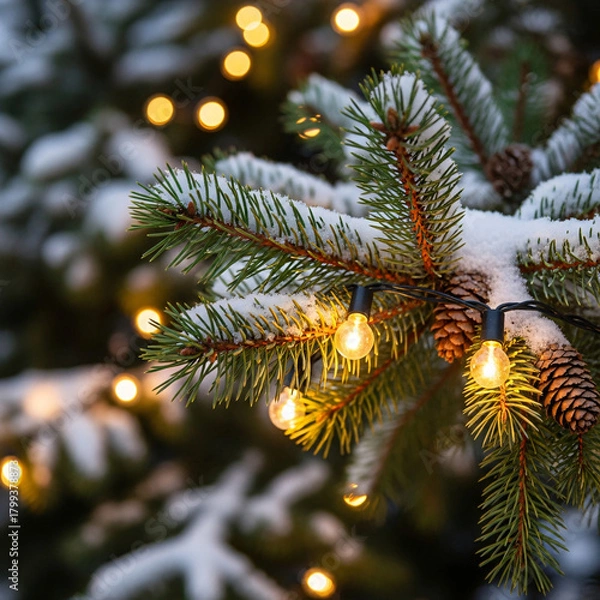 Obraz Closeup of snowy pine tree branch with string lights and pine cones