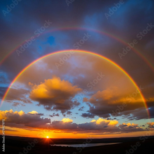 Obraz Double rainbow arching over a sunset sky with clouds and horizon view