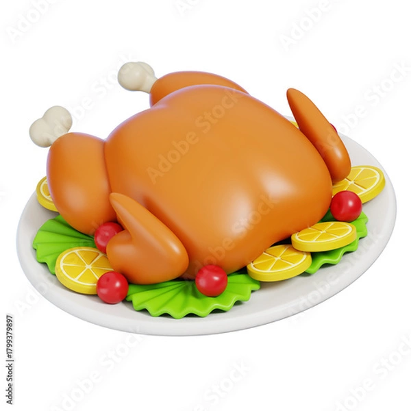 Fototapeta Whole Roasted Chicken Gourmet with Lemon Tomato on White Plate Isolated. 3D Rendering