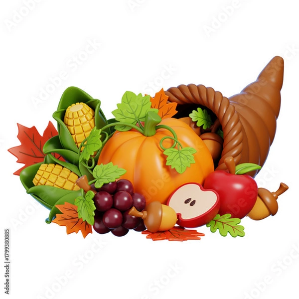 Fototapeta Cornucopia Harvest Thanksgiving Full of Autumn Decor and Pumpkins Isolated. 3D Rendering