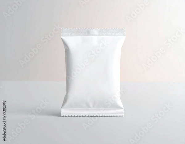 Obraz Blank White Snack Packaging Pouch Standing on Neutral Background – Clean Minimalist Food Product Mockup