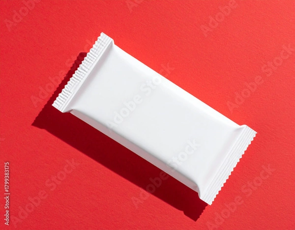 Obraz Clean Minimalist White Snack Bar Wrapper Mockup on Bold Red Background with Realistic Shadows for Modern Product Branding, Packaging Design, and Commercial Presentation